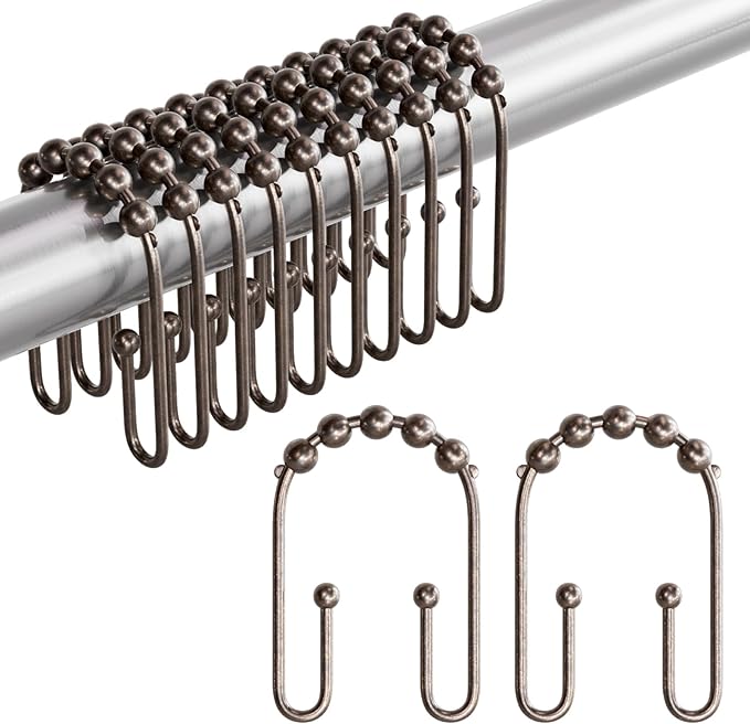 AmazerBath Shower Curtain Hooks Bronze Shower Curtain Rings Rust Proof, Non-Slip Shower Curtain Double Hooks, Smooth Metal Shower Hooks for Shower Curtain Liner Bathroom, 12Pcs Shower Rod Hooks