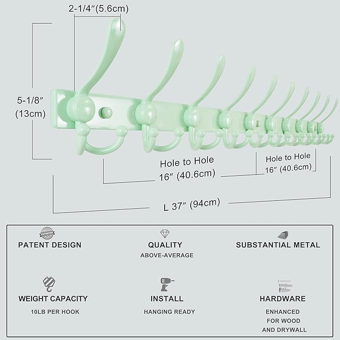 Dseap MaxStrong 2.0 Coat Rack Wall - 37” Long 10 Tri Hooks - Ultra Heavy-Duty Stainless Steel Wall Mount Coat Hanger, Hook Rail for Clothes Hats Jacket Towels Green