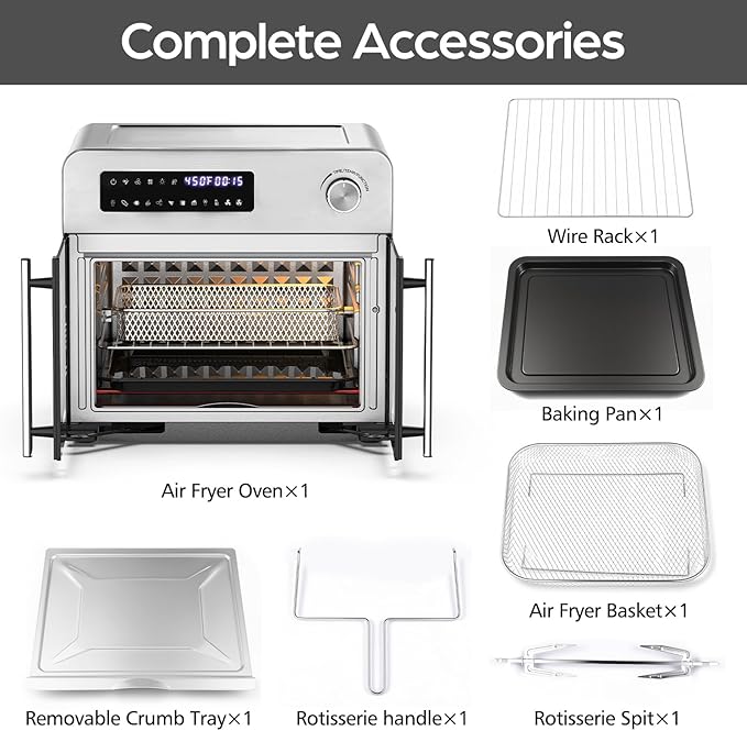 OSTBA French Door Air Fryer Toaster Oven Combo, Airfryer Convection Oven Countertop 10-in-1 Combo, 30% Faster 90% Less Oil, 102 Recipes & 7 Accessories Included 24 QT Stainless Steel