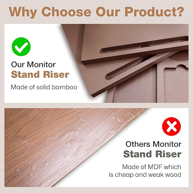 Dual Monitor Stand Riser - Solid Wood 3 Panels Laptop Riser with Storage for Phone/Mug - Home/Office Desk Organizer with Adjustable Length & Angle - Modern Computer Stand for PC, Laptop, & more (Brown)