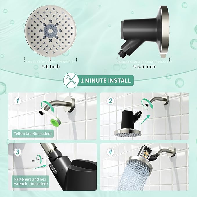 SR SUN RISE Filtered Shower Head with Filters- High Pressure Rain Shower Head,with 20-Stage shower Filter,6 Spray Modes for Hard Water Softener, Remove Chlorine (Brushed Nickel,5.5 Inch Round)