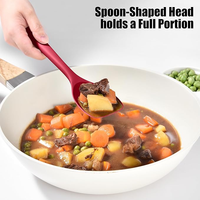 Doosu Silicone Spoon Spatula, 600ºF Heat-Resistant Food Grade Rubber Spoonula with Seamless Design, Non-Stick Flexible Scraper Kitchen Cooking Spoon Baking Tool for Mixing, Scraping (Red)