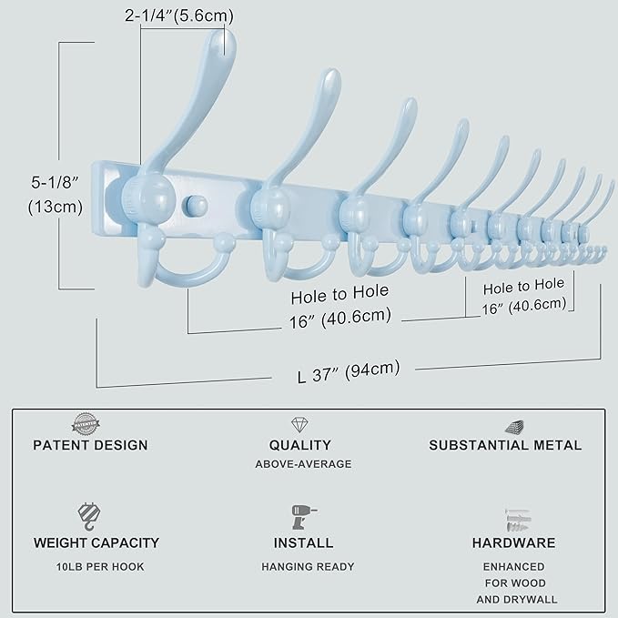 Dseap MaxStrong 2.0 Coat Rack Wall - 37” Long 10 Tri Hooks - Ultra Heavy-Duty Stainless Steel Wall Mount Coat Hanger, Hook Rail for Clothes Hats Jacket Towels Blue, Pack of 2