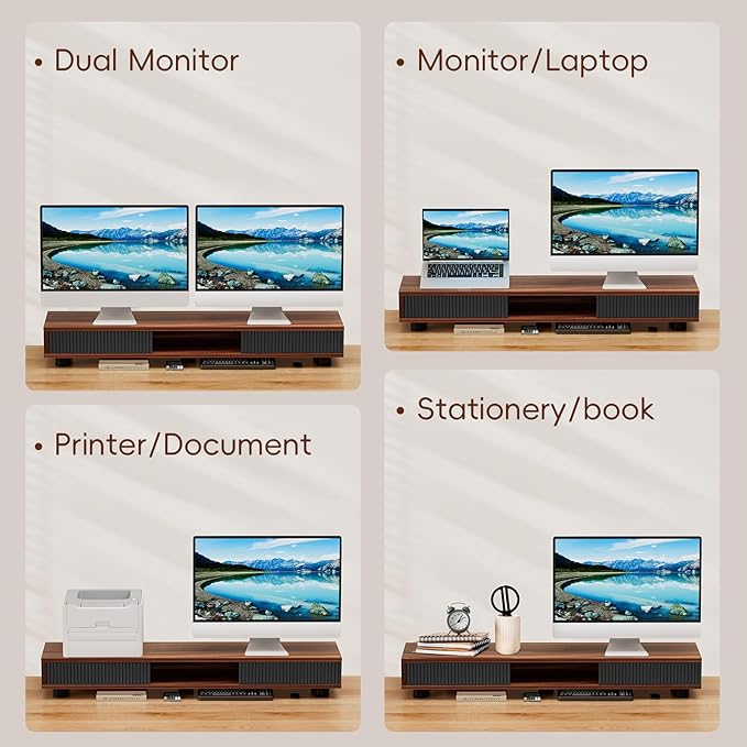 Artswish Dual Monitor Riser with Power Outlet, 42 Inch Wood Monitor Stand for 2 Monitors with Drawer Storage, Computer Monitor Stand Riser with Adjustable Feet, Double Monitor Stand Desk Shelf, Walnut