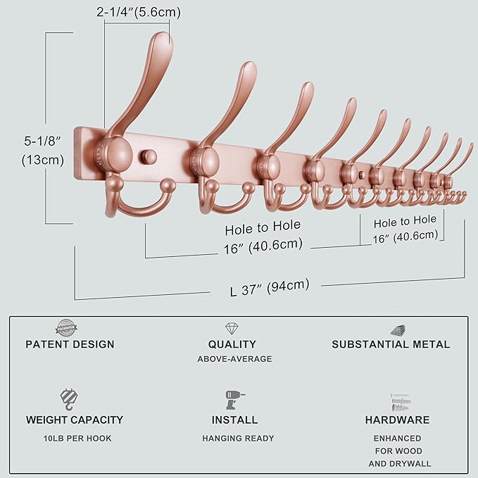 Dseap MaxStrong 2.0 Coat Rack Wall - 37” Long 10 Tri Hooks - Ultra Heavy-Duty Stainless Steel Wall Mount Coat Hanger, Hook Rail for Clothes Hats Jacket Towels Rose Gold