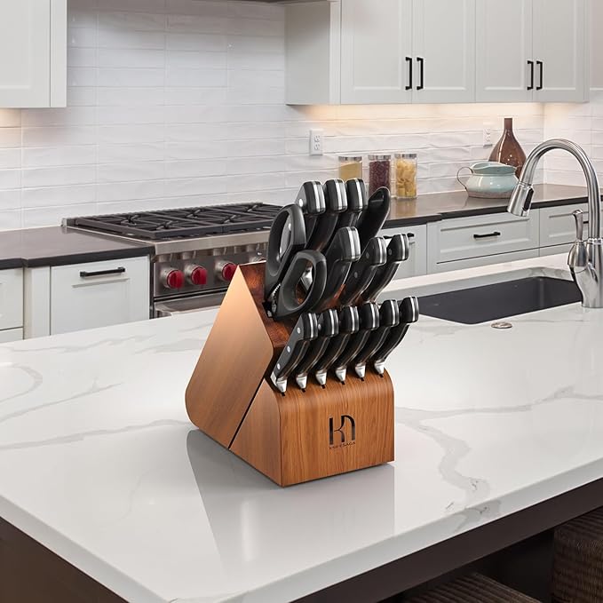 Knife Set, 15 Pcs Kitchen Knife Block Set, Enduring Razor-Sharp Japanese High Carbon Stainless Steel Chef Knife Set with Block and Sharpener, Premium Knives Set for Kitchen, Black Acacia