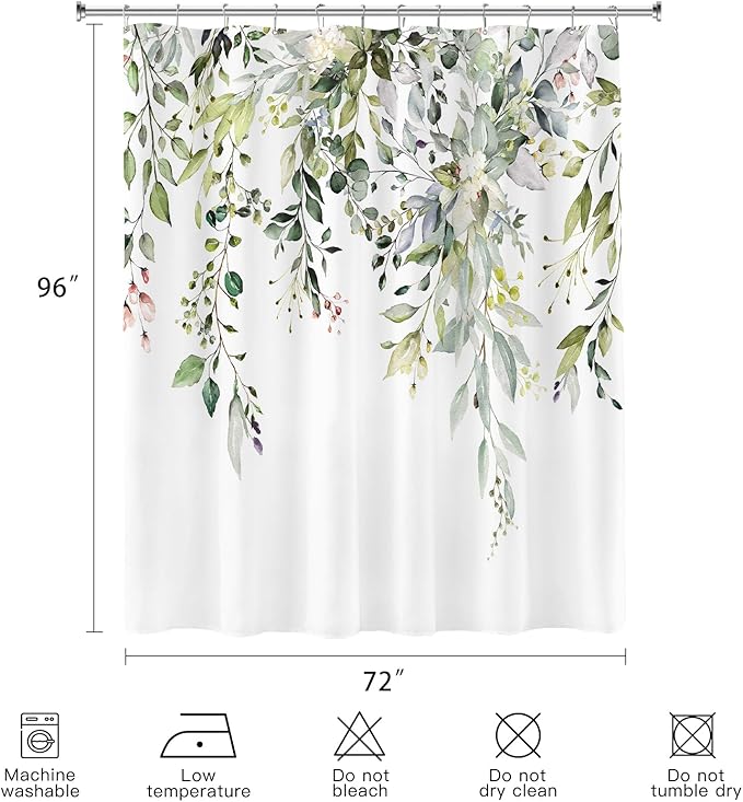 Extra Long Eucalyptus Shower Curtain 72 x 96 Inch, Sage Green Botanical Floor to Ceiling X-Long Shower Curtain, Watercolor Plant Leaves with Floral Decorative Bathroom Curtain with Hooks