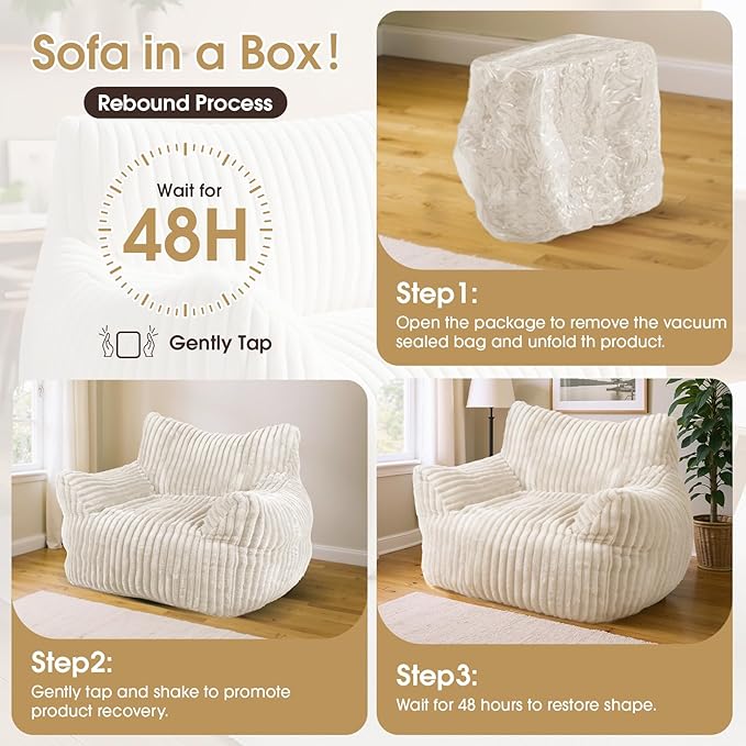 Giant Bean Bag Chair, Oversized Plush Comfy Bean Bag Sofa for Adults and Kids with Armrests, Memory Foam Mini Couch Single Lounges for Living Room, Bedroom & Game Room(Beige)