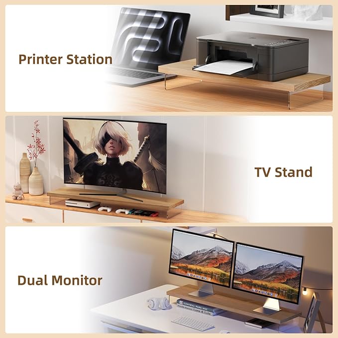 Monitor Stand Riser, Wood & Acrylic Computer Monitor Stand Desk Desktop Organizer Table for Home, Office Workspace, Laptop Riser, Printer, PC & TV Screen Riser