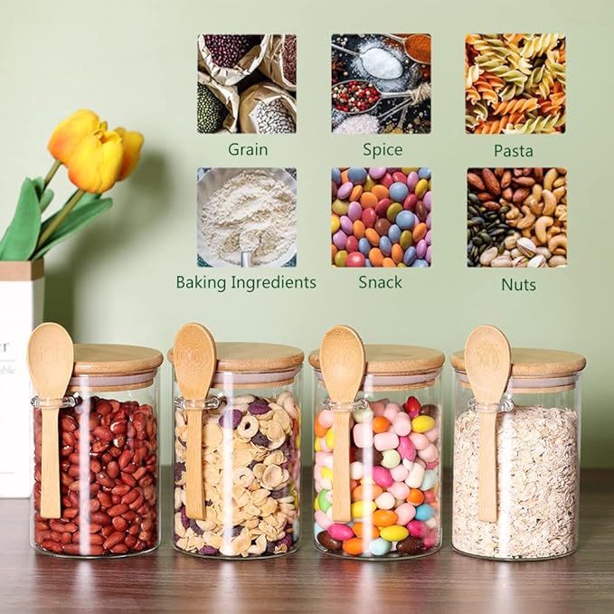 4 Pack Glass Containers with Lids and Spoons, Overnight Oat Container with Lids Glass, Oatmeal Jar with Spoons, Meal Prep Jars for Yogurt, Chia Pudding (Round 4PCS)