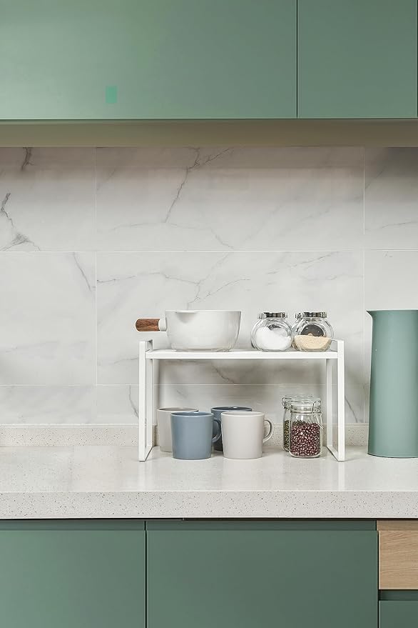 2Pack Kitchen Cabinet Shelf Counter Organizer Rack Pantry Storage Bathroom Bedroom Office Table Desk Space Saving Stackable Rust Resistant Non Slip White Tall Wide L16.1in W10.6in H9.5in