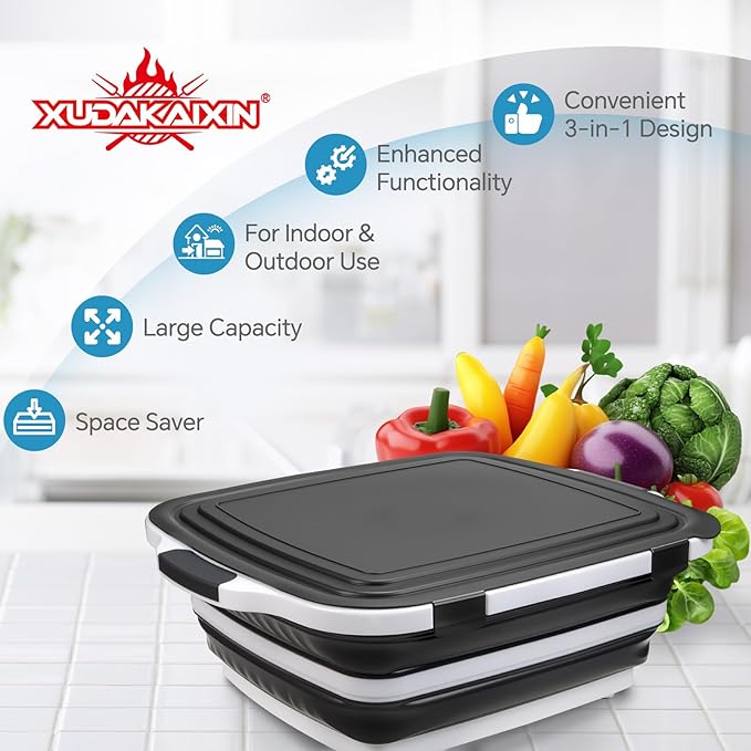 Collapsible BBQ Prep Tub for Meal Prep, Marinating, and Food Storage - Includes Cutting Board and Locking Lid,Ideal Gifts for Christmas,Dad,mother (Black)