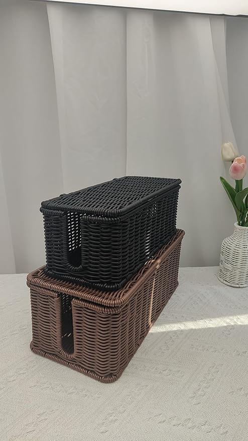 Cable Management Box, Handwoven Faux Rattan Cord Organizer Box with Lid, 2 Open Slots Cable Organizer Box, Decorative Cord Hider Box for Tv Computer USB Hub & Power Strip Holder