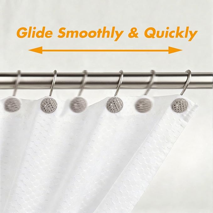 Pearlbee Nickel Shower Curtain Hooks, Rust Proof Shower Curtain Rings for Bathroom, Metal Shower Hooks for Shower Curtain Rod, Modern Decorative Shower Curtain Hangers Set of 12