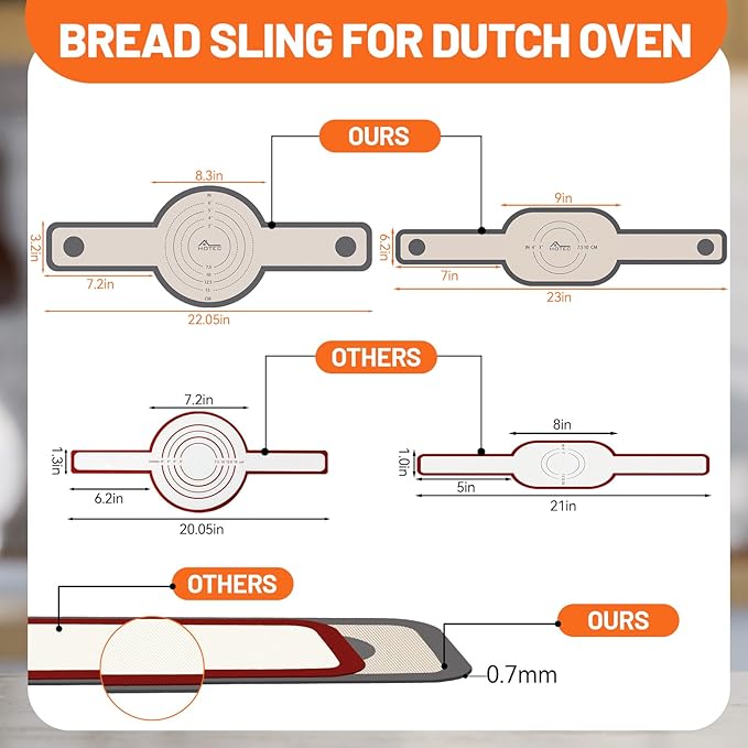 HOTEC Silicone Bread Sling for Dutch Oven - 2 Pack Non-Stick Baking Mat with Long Handle Easy to Transfer Sourdough Bread, Reusable Heat Resistant to 500°F/260°C Dutch Oven Liners Baking Supplies