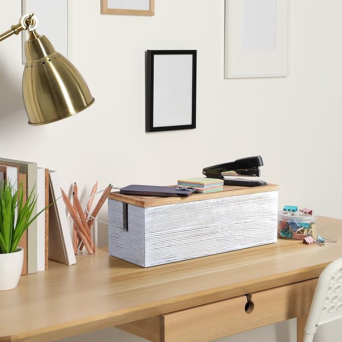 Large Cable Management Box, White Washed Wood Cord Organizer Box for Desk, Floor, Office to Hide Extension Cords Power Stripes Surge Protectors Chargers Wires
