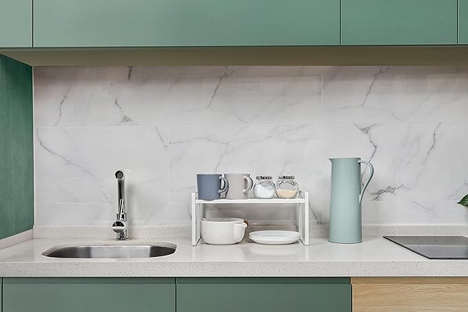 2Pack Cabinet Shelf Organizer Storage Rack Space Saving for Kitchen Counter Pantry Bathroom Cupboard Under Sink Office Table Desk Steel Stackable Rust Resistant Heavy Duty Nonslip 16” White