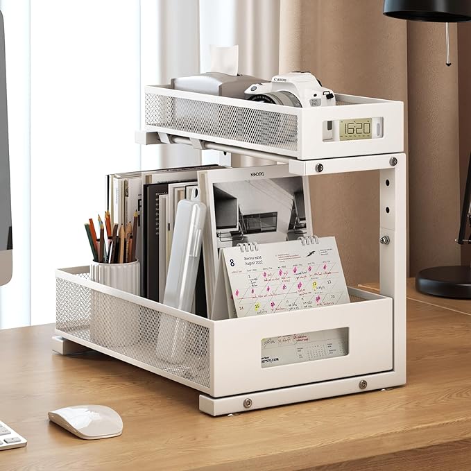 1 Pack-11.4"-16.14"H Under Sink Storage Organizer, Large 2-Tier Elegant Mesh Pull Out Shelf for Kitchen and Bathroom Cabinet Organization, L-Shaped and Adjustable Height Design for Maximum Space-White