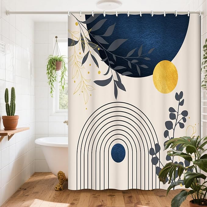 Boho Mid Century Shower Curtain Set for Bathroom, 72"X72" Shower Curtain for Chic Elegant Bathroom Decor, Fabric Shower Curtain Waterproof Durable (Blue Grey, 72" L x 72" W)