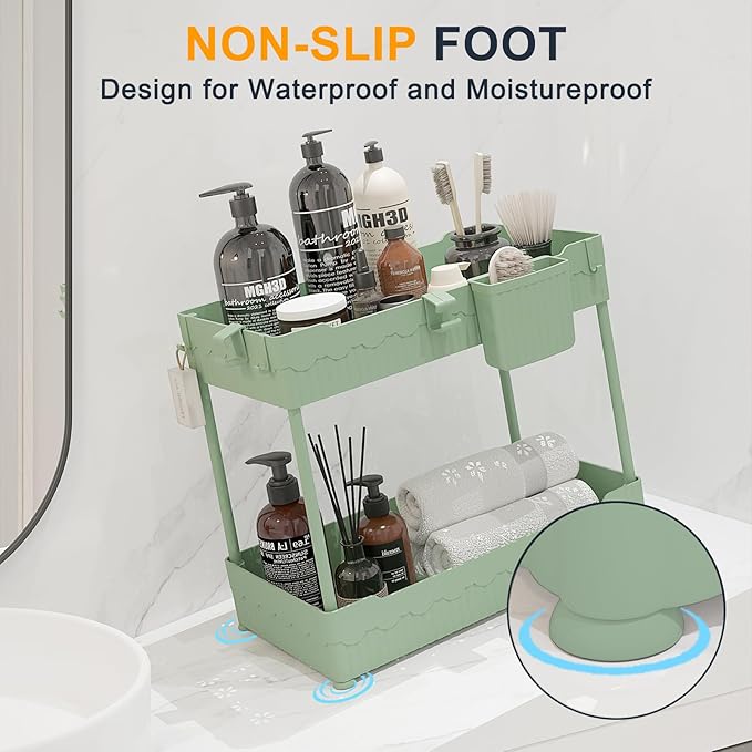 2 Pack Under Sink Organizer, Under Bathroom Cabinet Organizer with Hooks Hanging Cup, Multi-Purpose Storage Shelf for Kitchen Bathroom (Green, L)