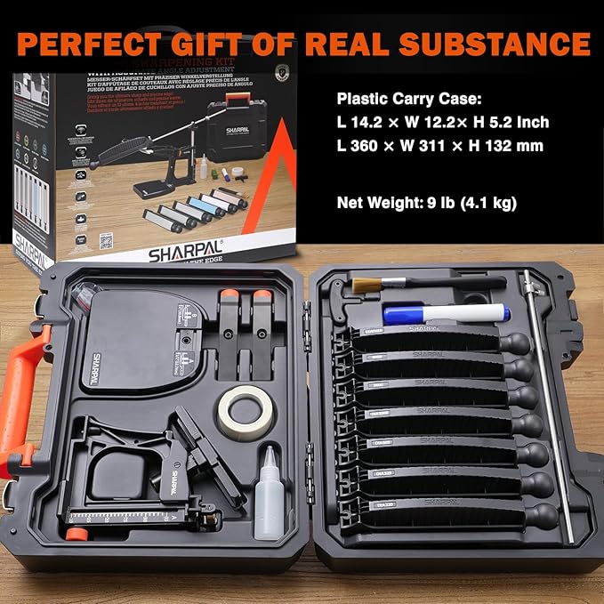 SHARPAL 202H Precision Knife Sharpening SystemโAdjustable Angle 10โ35ยฐ Knife Sharpener Kit with 7 Abrasive Plates (Diamond 220/325/600/1000, Whetstone 3000/6000, Leather Strop) and Giftable Carry Case