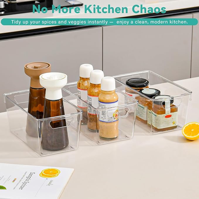 Clear Plastic Storage Bins, 12 Pack Acrylic Pantry Organizer and Storage Bins, Fridge Organizer, Small Plastic Containers Bins with Handles, CabinetOrganizer for Kitchen,Bathroom,Refrigerator,Shelves