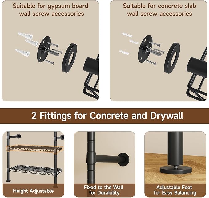 U5 Wall Mounted Closet System, Industrial Pipe Clothing Rack Garment Racks for Hanging Clothes, Heavy Duty Closet Organizers System in Wardrobe Closet, Black