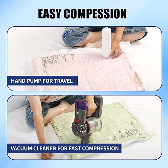 Vacuum Storage Bags with Hand Pump, 10 Pack Large Sturdy Leak-Free Vacuum Seal Bags, 80% Space Saver Vacuum Seal Bags for Clothing, Pillows, Bedding, Blankets, Comforters, Travel Luggage - Large