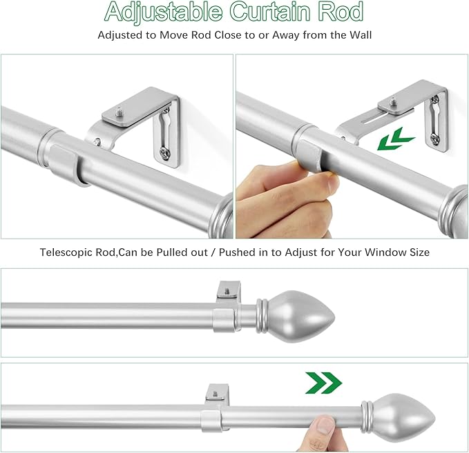 Curtain Rods for Windows 16 to 120 inches, Curtain Rod Max Adjustable Length to 132 in, Drapery Rod 1 inch Diameter with Modern Knobs Finials (Satin Silver, 16" to 120" - Set of 2)