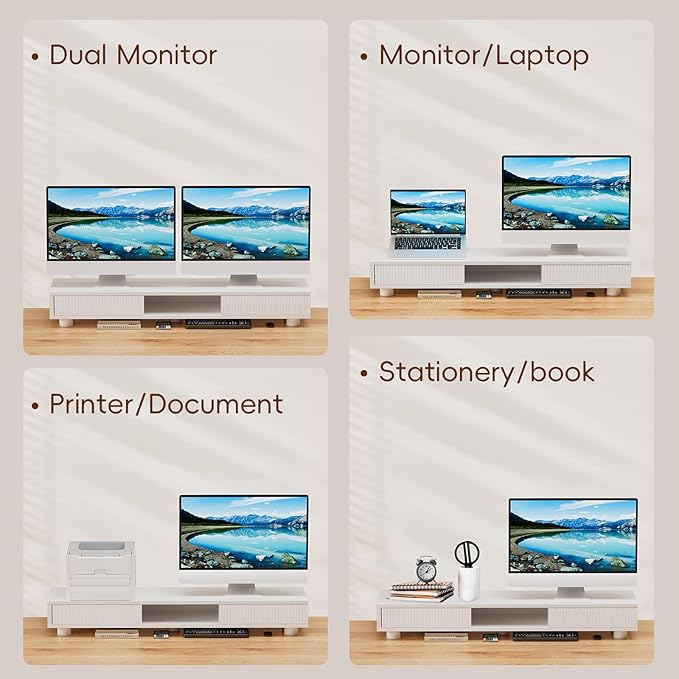 Artswish Dual Monitor Riser White for 2 Monitors, 2-tier Monitor Stand with Drawer,Computer Monitor Stand Riser with 2 Adjustable Feet,42.4 Inch Long Desk Shelf for Monitor, Printer, TV, White with Grey Texture