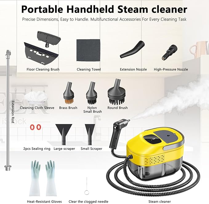 3 Level Adjustable Pressurized Handheld Steam Cleaner for Home, 10s Heat-Up Handheld Steamer for Cleaning, 1.6 Qt Tank Portable Steam Cleaner Handheld for Car,Grout,Tile,Couch,Floor (yellow)