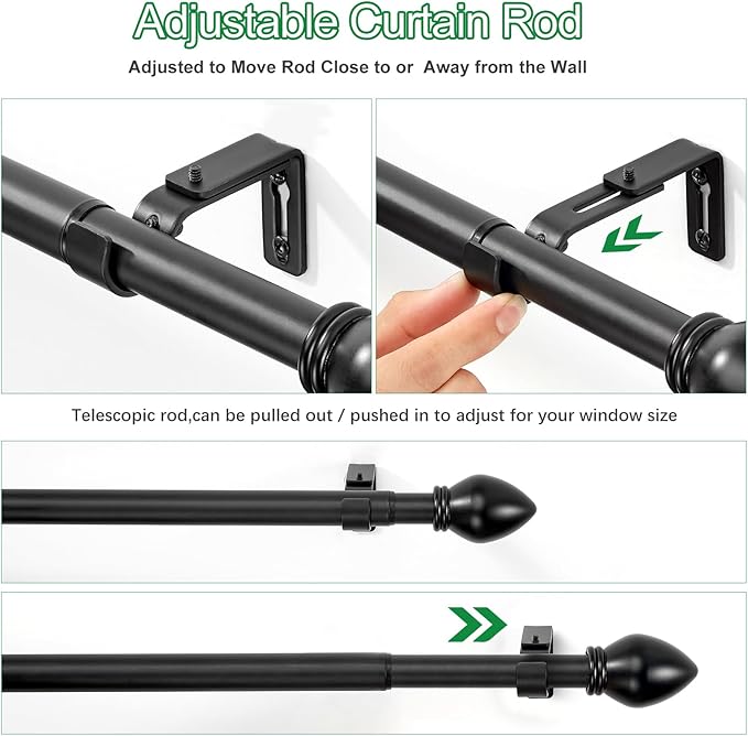 Curtain Rods for Windows 16 to 150 inches, Curtain Rod Max Adjustable Length to 158 in, Drapery Rod 1 inch Diameter with Modern Knobs Finials (Black, 16" to 150" - Set of 1)