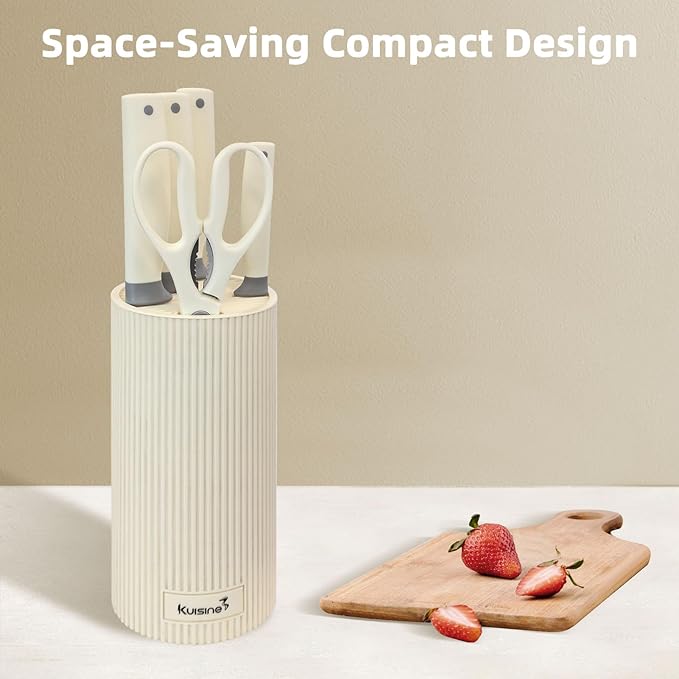 Kuisine Premium kitchen Knife Set with block,High Carbon Stainless Steel Forged,Ergonomic Non-slip Handle Knife Block Set(6PCS,Ivory)