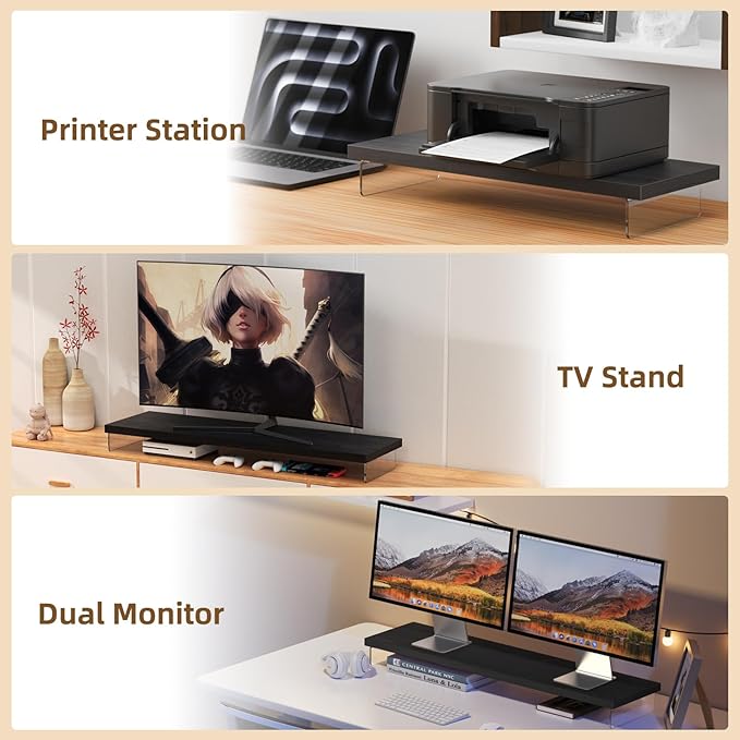 Dual Monitor Stand Riser, 40" Large Computer Monitor Stands for 2 Monitors, Wooden Desktop Organizer Shelf for Office Desk Computer, Laptop, TV, Monitor, Printer