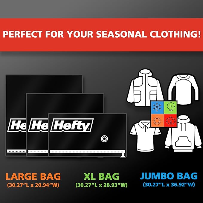 Hefty MAX Shrink-Pak Vacuum Storage Bags Combo Pack – Max Strength Tear-Proof Bags For Clothes, Pillows, Towels, Blankets & More – Space Saver Suction Sealer Bags for Home– 1 Large, 1 XL, 1 Jumbo