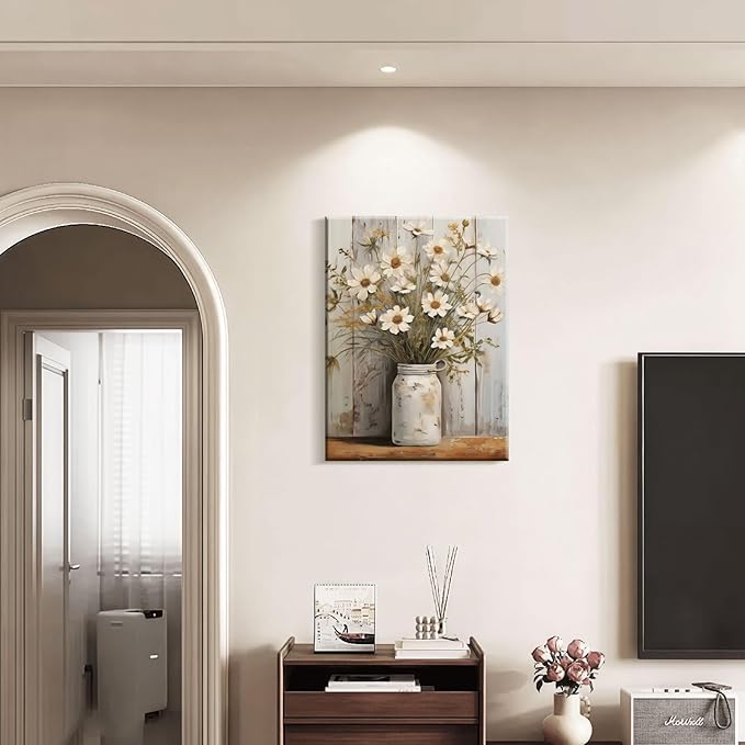 Framed Daisy Jar Vintage Flowers Wall Art Decor Canvas Print Country Poster Gallery Picture Country Plants Farmhouse Art Painting Kitchen Bathroom Living Room Decor 16x24 Inch Ready to Hang