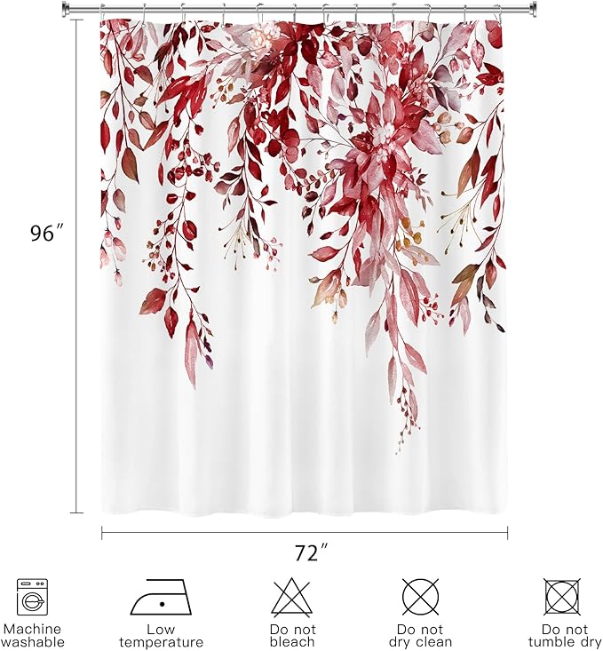Extra Long Eucalyptus Shower Curtain 72 x 96 Inch, Burgundy Red Botanical Floor to Ceiling X-Long Shower Curtain, Watercolor Plant Leaves with Floral Decorative Bathroom Curtain with Hooks