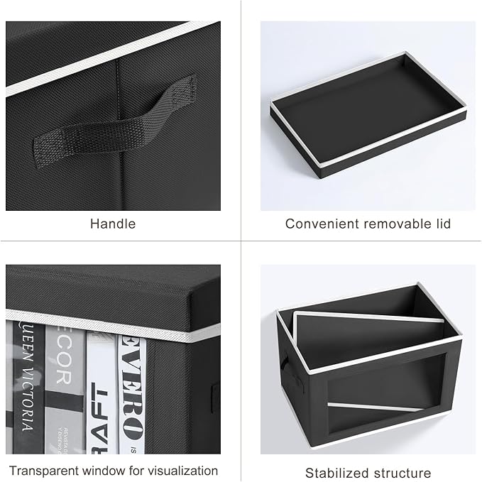 Large Storage Baskets with Lids - Stackable Cube Bins for Closet, 6 Pack Black Windows Organizer Bins, Home Organizers and Storage for Clothes, CD, Towels