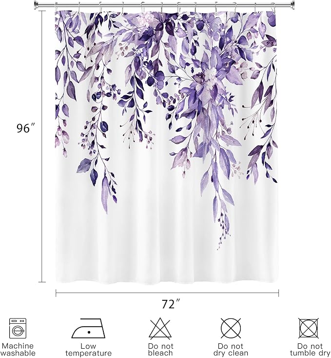 Extra Long Eucalyptus Shower Curtain 72 x 96 Inch, Purple Botanical Floor to Ceiling X-Long Shower Curtain, Watercolor Plant Leaves with Floral Decorative Bathroom Curtain with Hooks