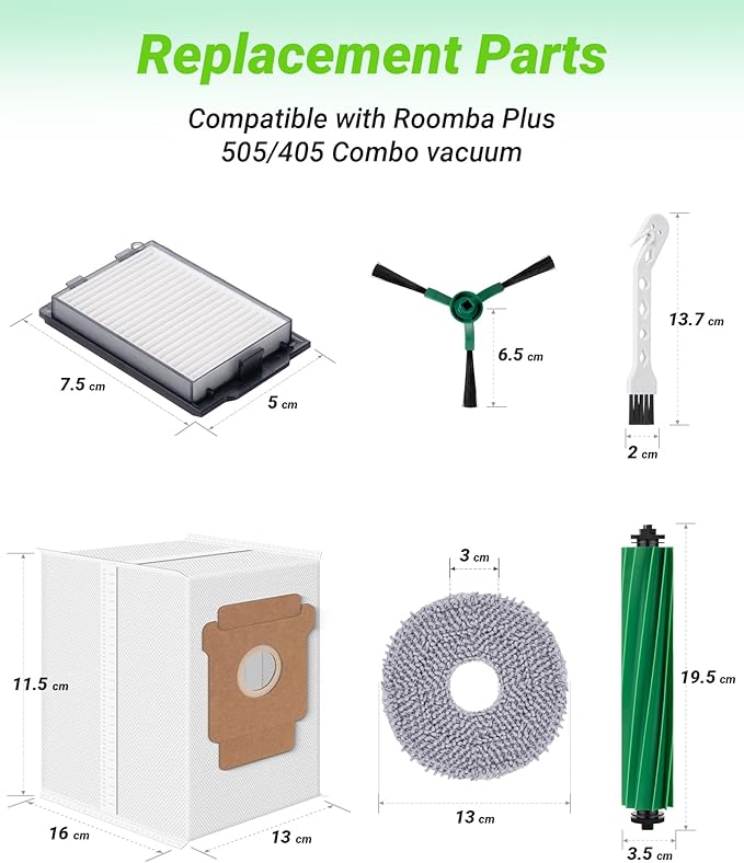 18 Pcs Replacement Parts for iRobot Roomba Plus 505/405 Combo Robot Vacuum Cleaner, Accessories with 1 Roller Brush, 6 Mop Pads, 3 Filters, 3 Side Brush,4 Vacuum Bags,1 Clean Tool