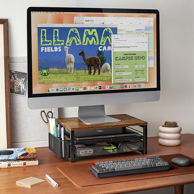 ARCOBIS Monitor Riser with Drawers and Pen Holders, Wood & Mesh Metal Computer Monitor Stand with Storage for Desk, Rustic Brown