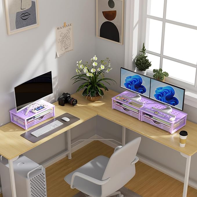 gianotter Computer Monitor Stand Riser, office organizer with Drawer, Office Organizers Storage for Classroom Office Supplies (Purple)