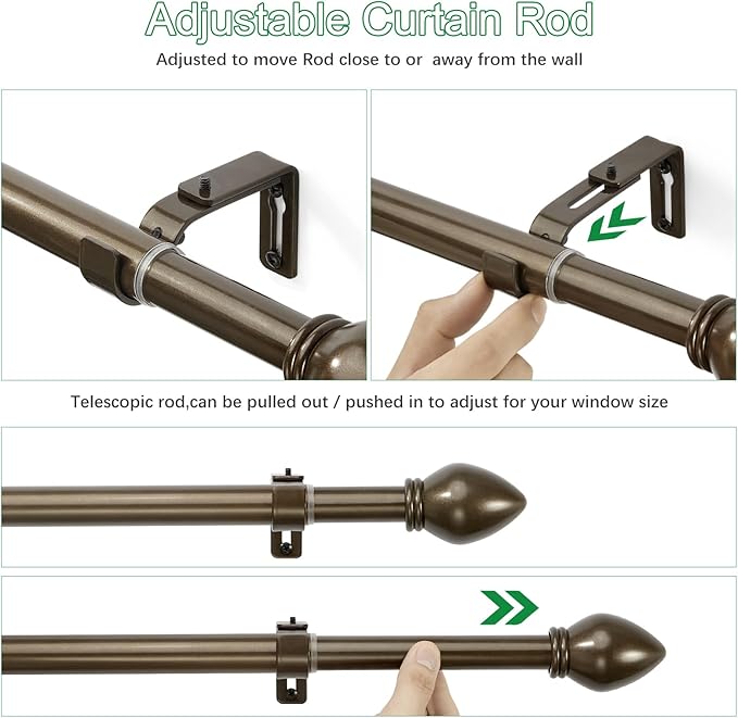 Curtain Rods for Windows 16 to 92 inches, Curtain Rod Max Adjustable Length to 104 in, Drapery Rod 1 inch Diameter with Modern Knobs Finials (Brown, 16" to 92" - Set of 1)