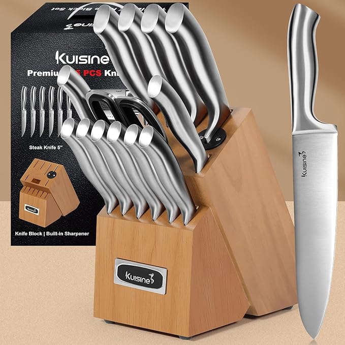 Kuisine Premium Sharp Knife Set,High Carbon Stainless Steel Sharper Blade Ergonomic Non-slip Handle,Kitchen Block Knife Set Chef Knife Block Set with Built-in Sharpener(Acacia, 15PCS)