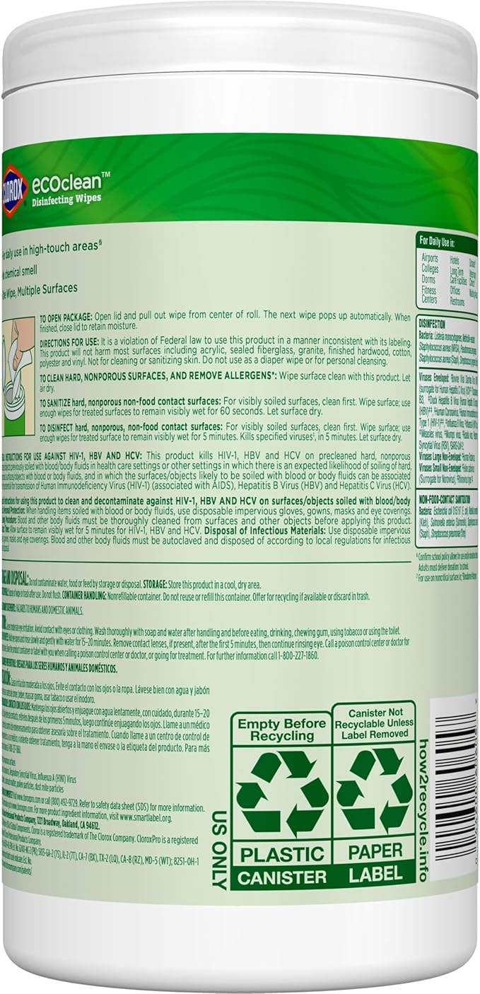 CloroxPro Clorox EcoClean Disinfecting Wipes, Multipurpose 100% Plant Based Cleaning Cloths, Antibacterial Disinfectant, Safe for Multi Surface Use, 75 Count