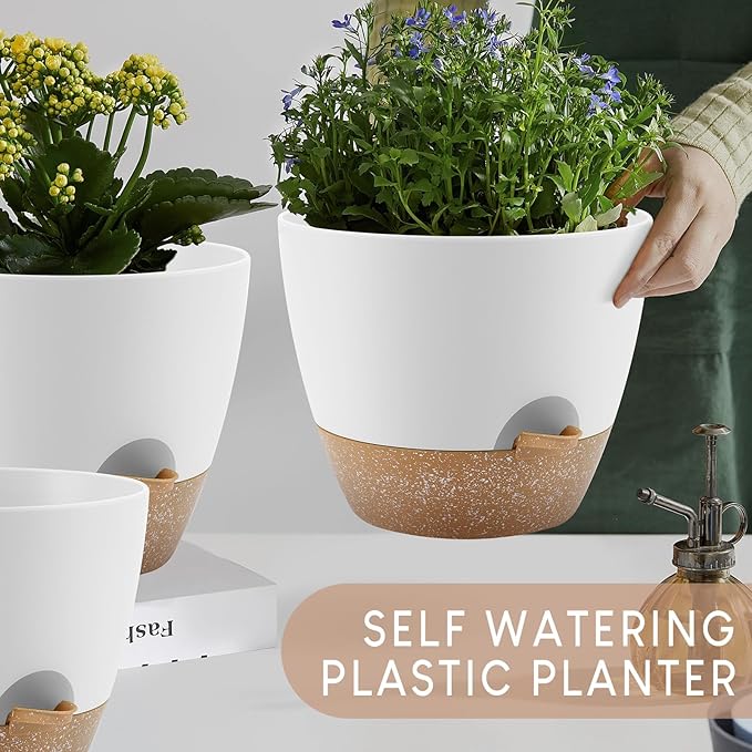 Plant Pots 10/9/8/7.5/7 inch, Self Watering Planters with Drainage Holes & Saucers for Indoor and Outdoor Plants (White)