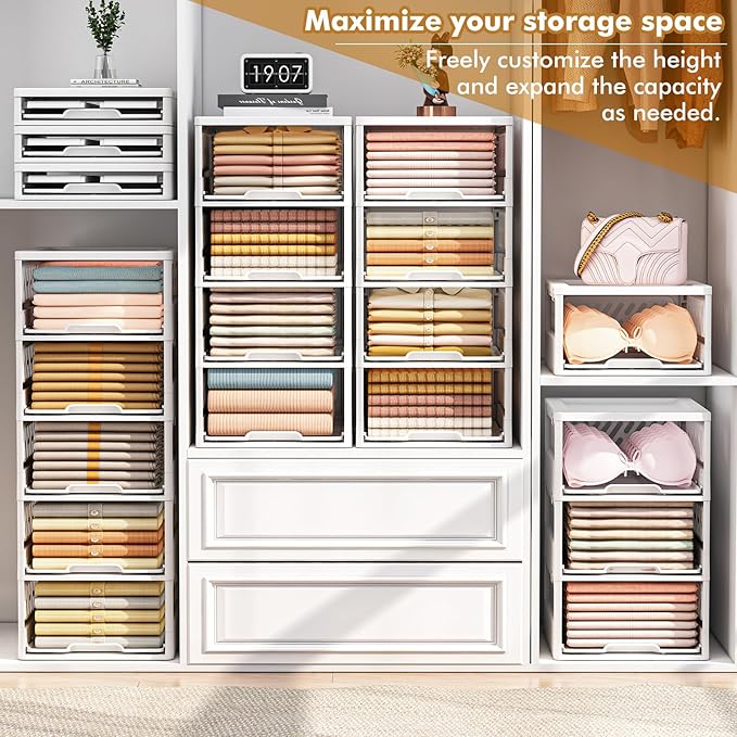 3 Pack Stackable Closet Storage Basket - Stackable Storage Bins, Multifunctional & Foldable Closet Organizer Divided, Wardrobe Cupboard Space-Saving Clothes Storage Hat Organizer, White