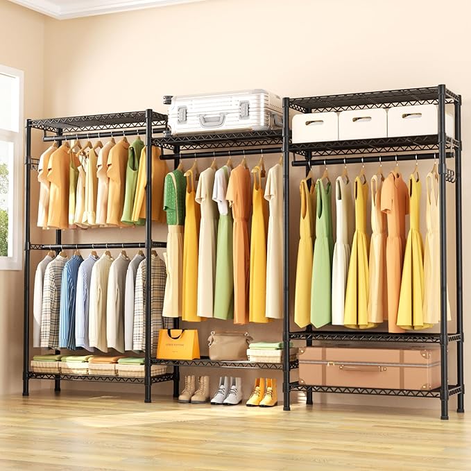 Heavy Duty Garment Rack Large Clothes Rack,Freestanding Closet Portable Clothing Rack with 8 Adjustable Wire Shelves and 4 Hang Rods,Metal Closet Storage Wardrobe Organizer System,Max Load 800lbs