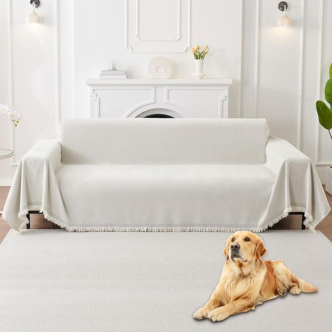 HAOMAIJIA Non Slip Couch Cover Sofa Covers for 3 Cushion Couch Washable sectional Couch Covers for Dogs pet Furniture Protector Couch Cover Blanket for Living Room (Off White, 71"x150")