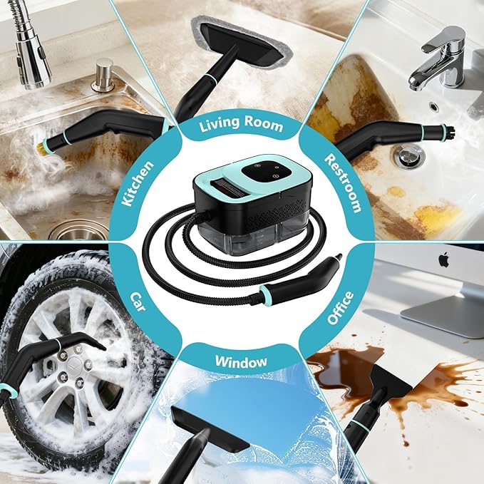 Steam Cleaner, Portable Steamer for Cleaning with 15pcs Accessories, 6-Level Adjustable, 15s Heat-Up, Handheld Steam Cleaner for Home for Tile, Grease, Dirt, Grout, Car Detailing, Green